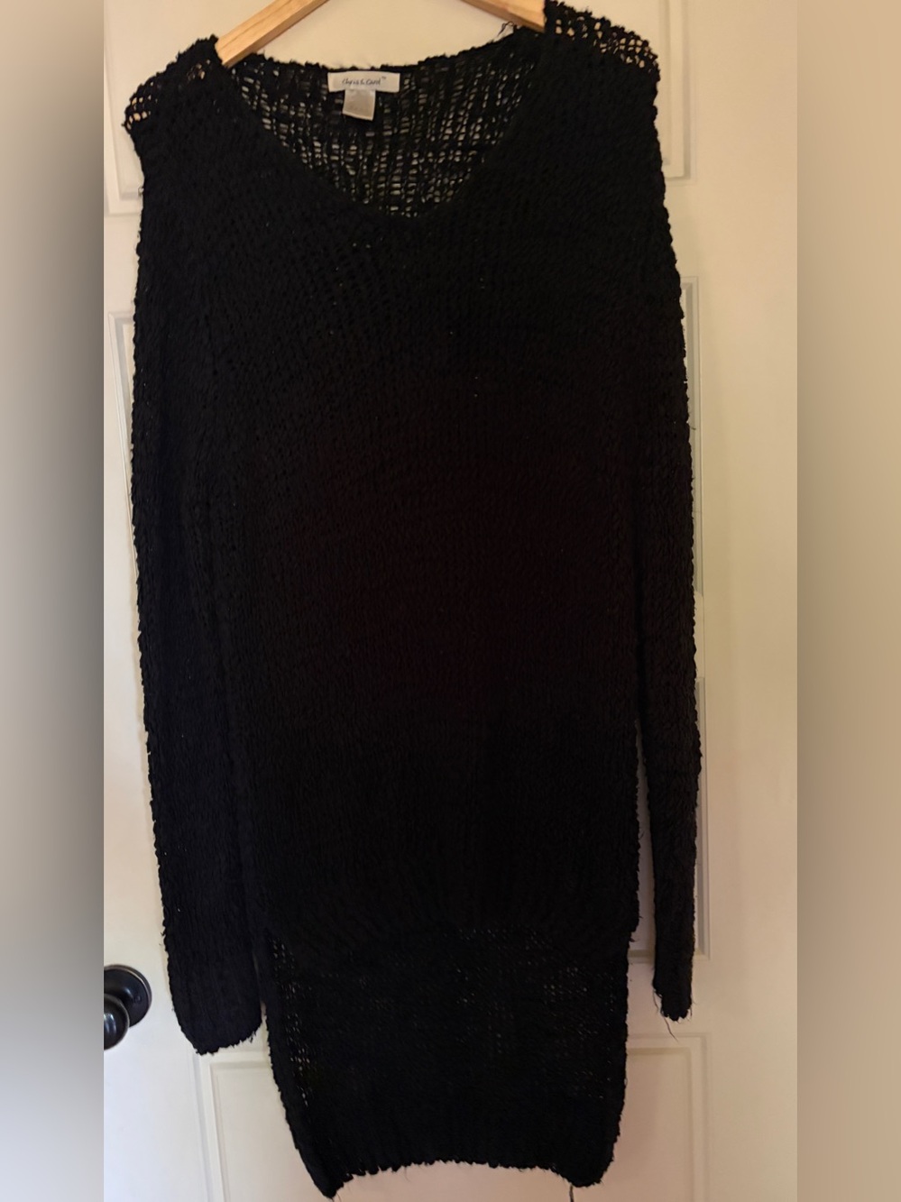 Long Black Open-Knit V-Neck Women's Sweater